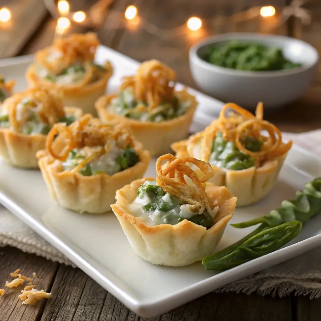 Plate of green bean casserole bites with holiday appetizers