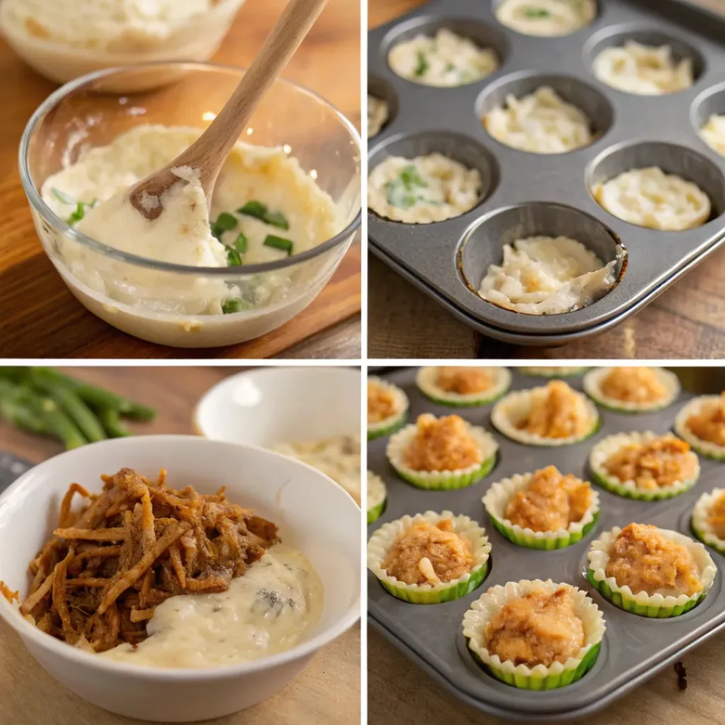Step-by-step collage of preparing and baking green bean casserole bites