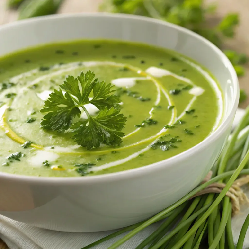 Bowl of Green Herb Soup garnished with fresh herbs