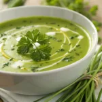 Bowl of Green Herb Soup garnished with fresh herbs