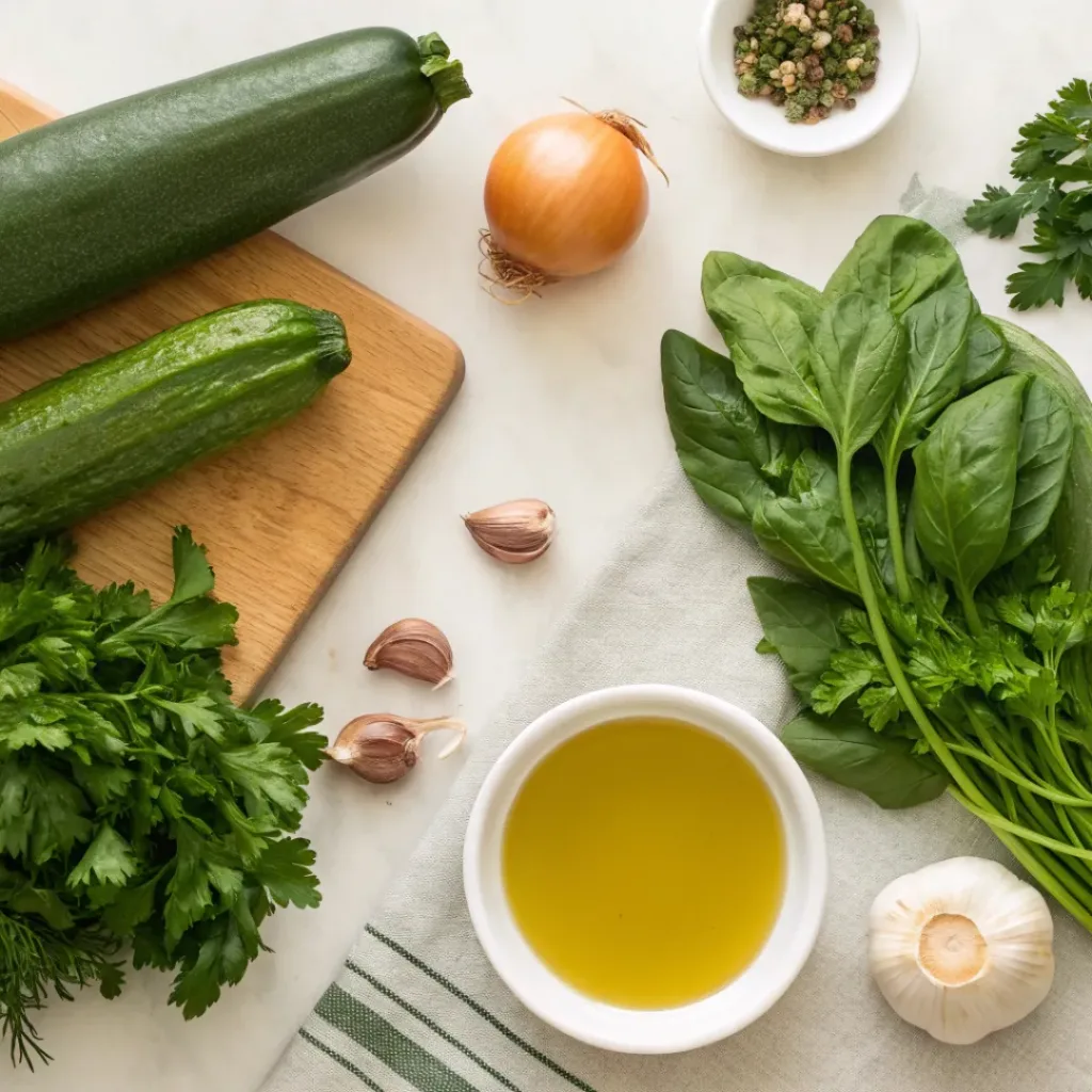 Flat lay of fresh herbs, vegetables, broth, and seasonings