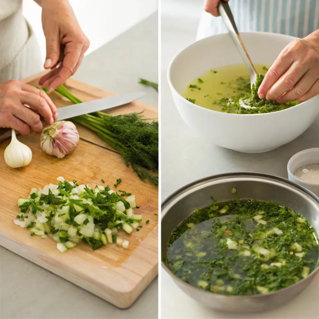 Collage showing steps to make Green Herb Soup