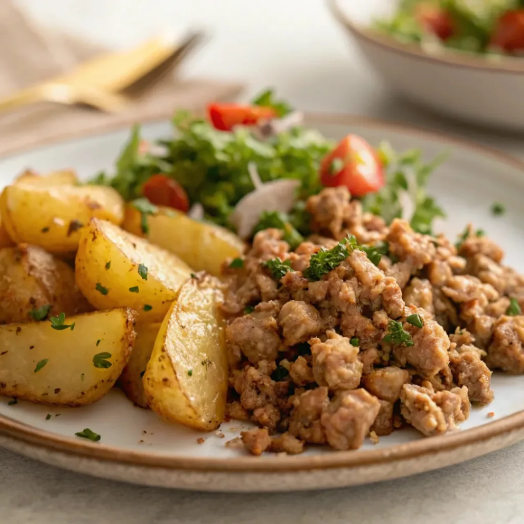 Plate of ground turkey with potatoes and herbs, served with a side salad