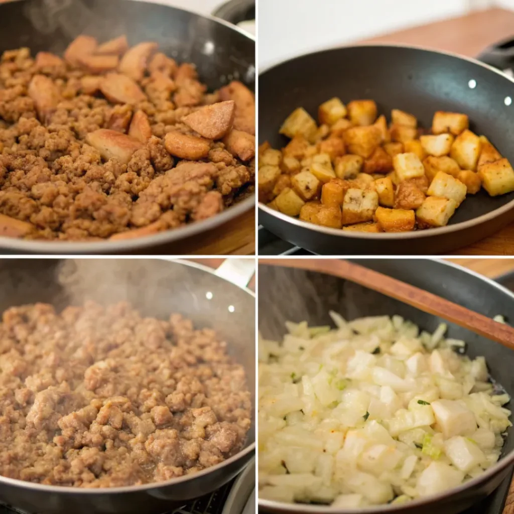 Step-by-step collage showing preparation of ground turkey with potatoes
