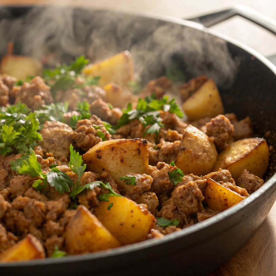 Skillet of ground turkey with golden potatoes and fresh herbs