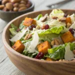 Harvest Caesar salad with roasted vegetables, cranberries, nuts, and creamy dressing