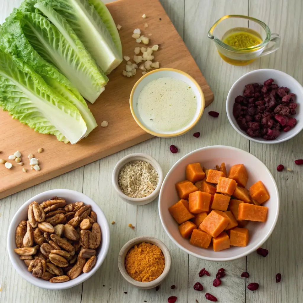 Flat lay of romaine lettuce, roasted vegetables, cranberries, nuts, parmesan, and dressing