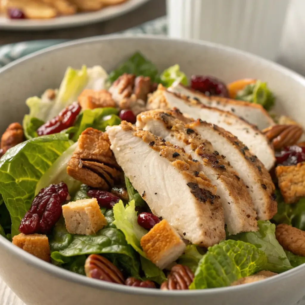 Harvest Caesar salad with roasted vegetables, nuts, cranberries, served with grilled chicken