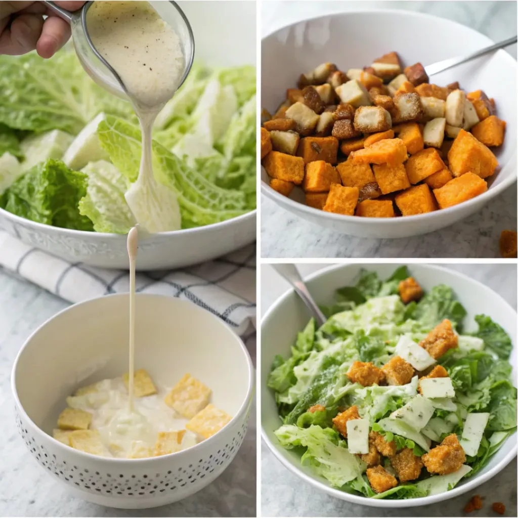 Step-by-step collage showing preparation of Harvest Caesar Salad