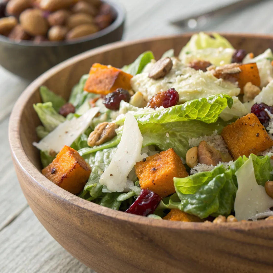 Harvest Caesar salad with roasted vegetables, cranberries, nuts, and creamy dressing