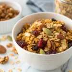 Bowl of golden homemade granola with nuts and dried fruit