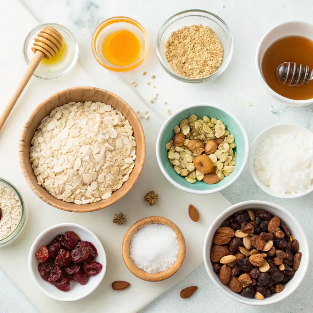 Flat lay of oats, nuts, seeds, honey, and dried fruits