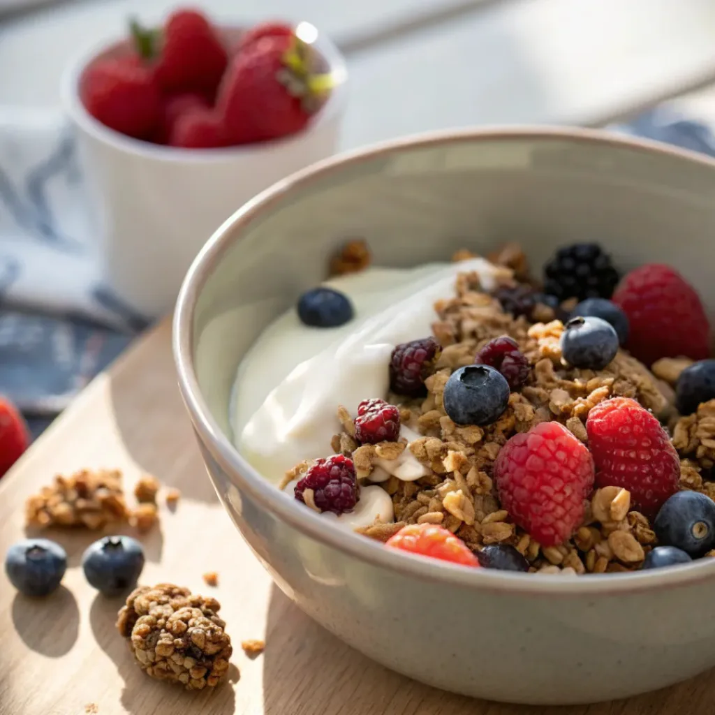 Granola served in a bowl with yogurt and berries