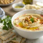 Bowl of creamy homemade hummus drizzled with olive oil and sprinkled with paprika