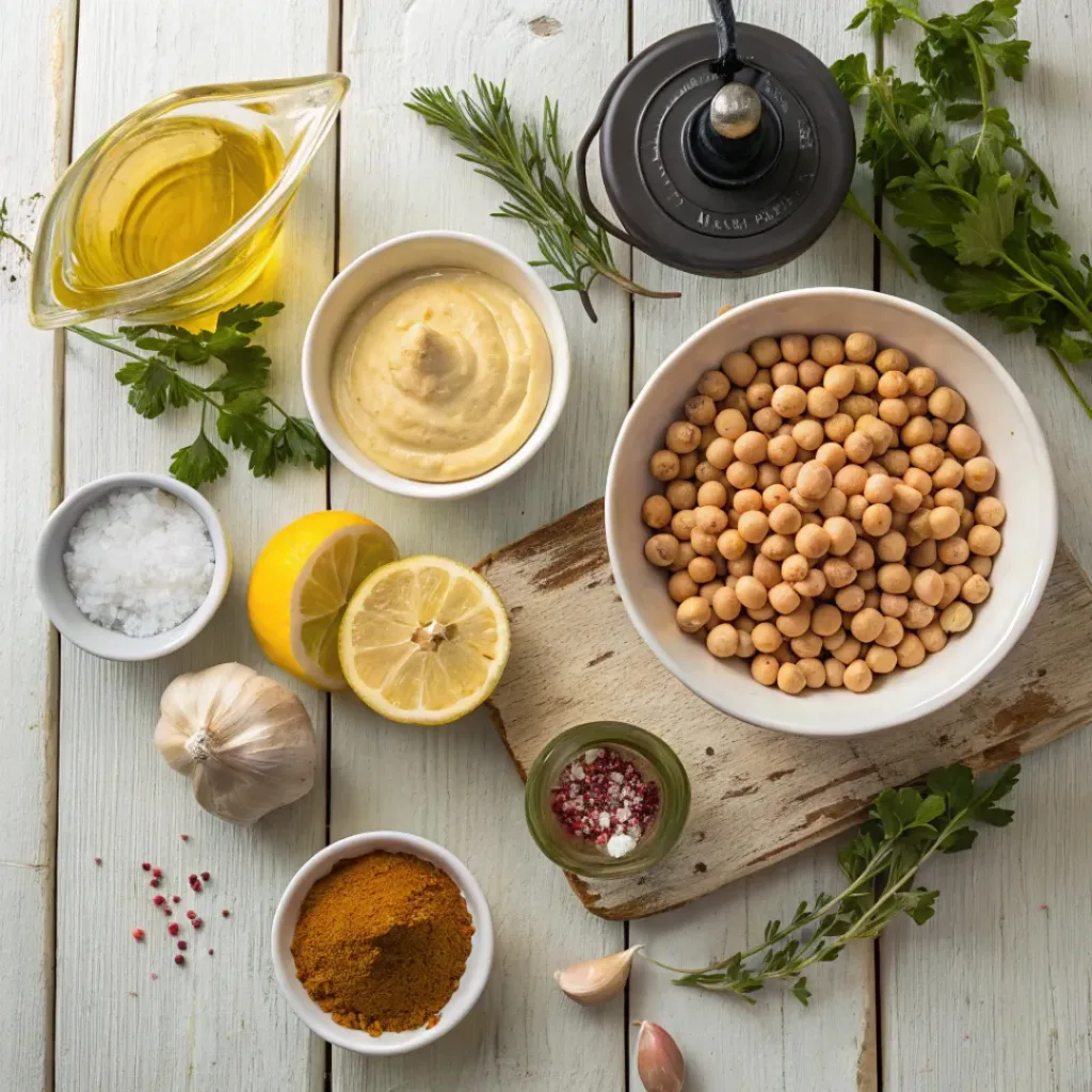 Homemade Hummus Dip – Easy, Creamy & Flavorful 6 Flat lay of chickpeas, tahini, garlic, lemon, and olive oil for hummus