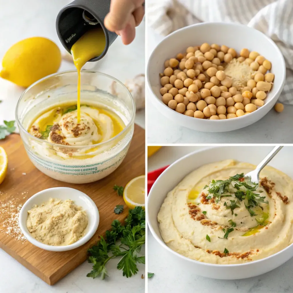 Homemade Hummus Dip – Easy, Creamy & Flavorful 7 Step-by-step collage showing how to blend and prepare homemade hummus