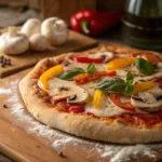 Golden homemade pizza with melted cheese and basil