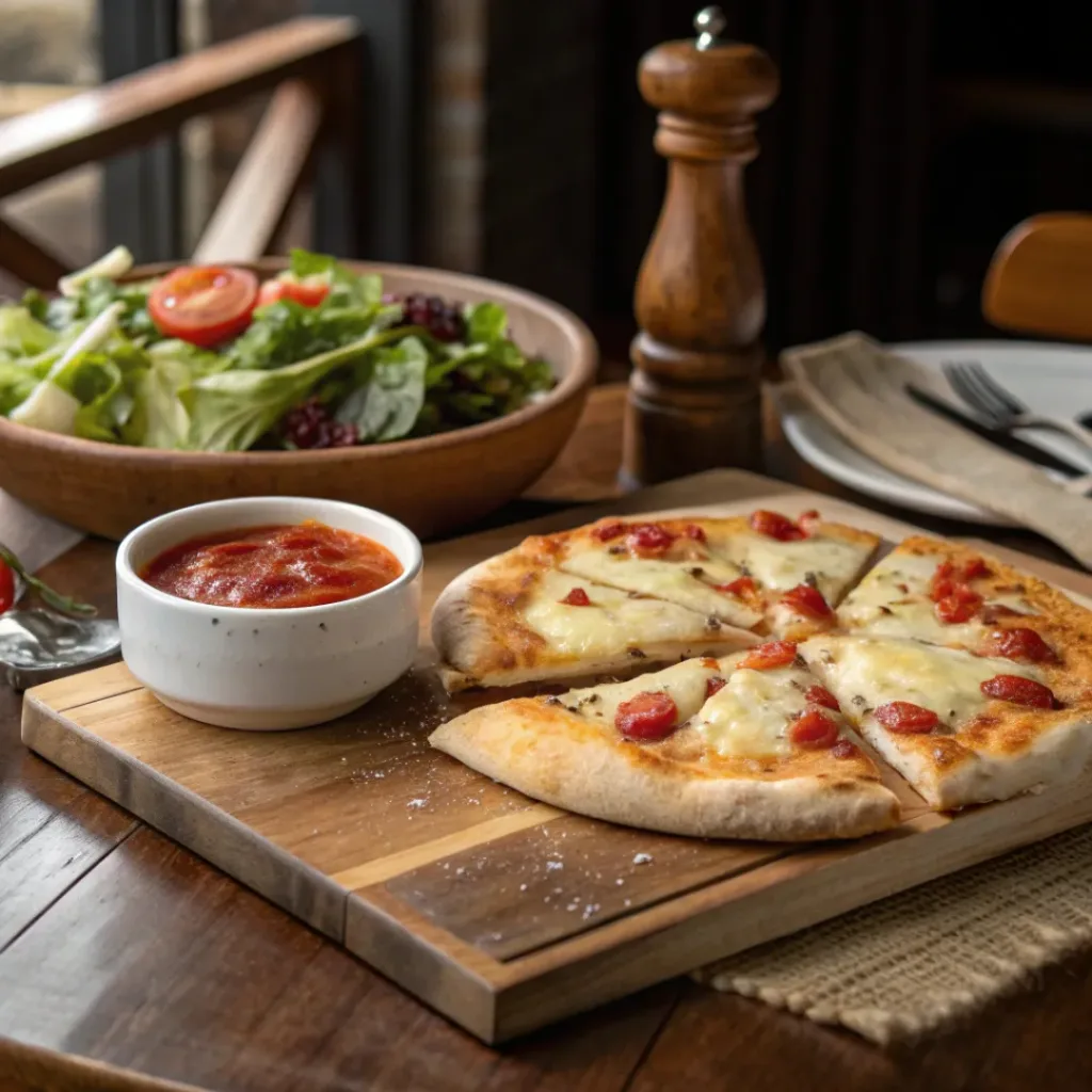 Homemade pizza slices served with marinara sauce and salad