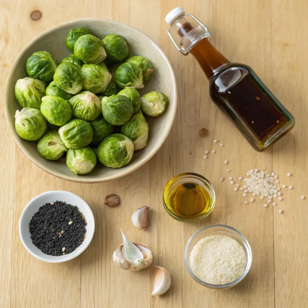 Flat lay of Brussels sprouts, honey, garlic, and seasonings for roasting