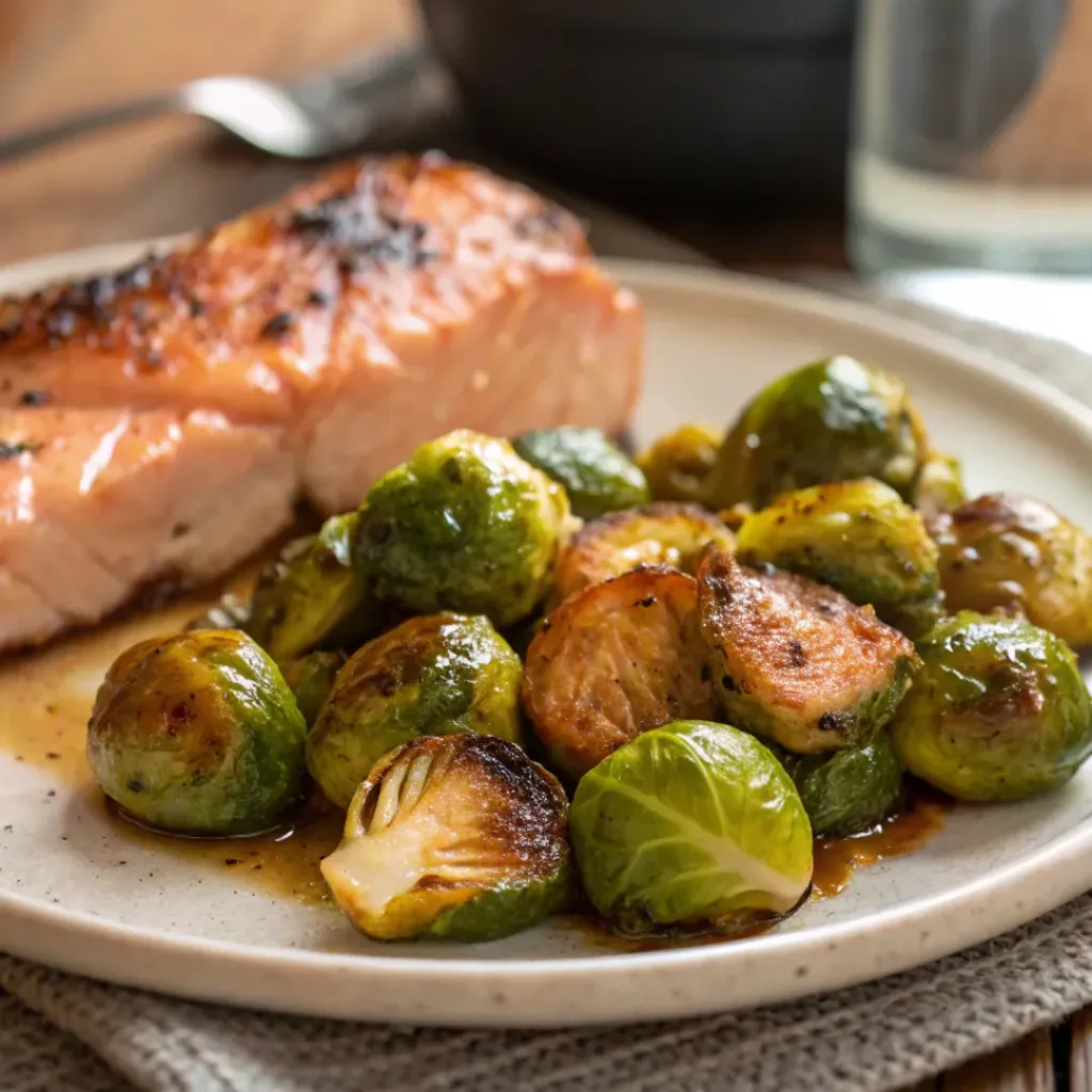 Honey garlic Brussels sprouts served alongside roasted chicken or salmon