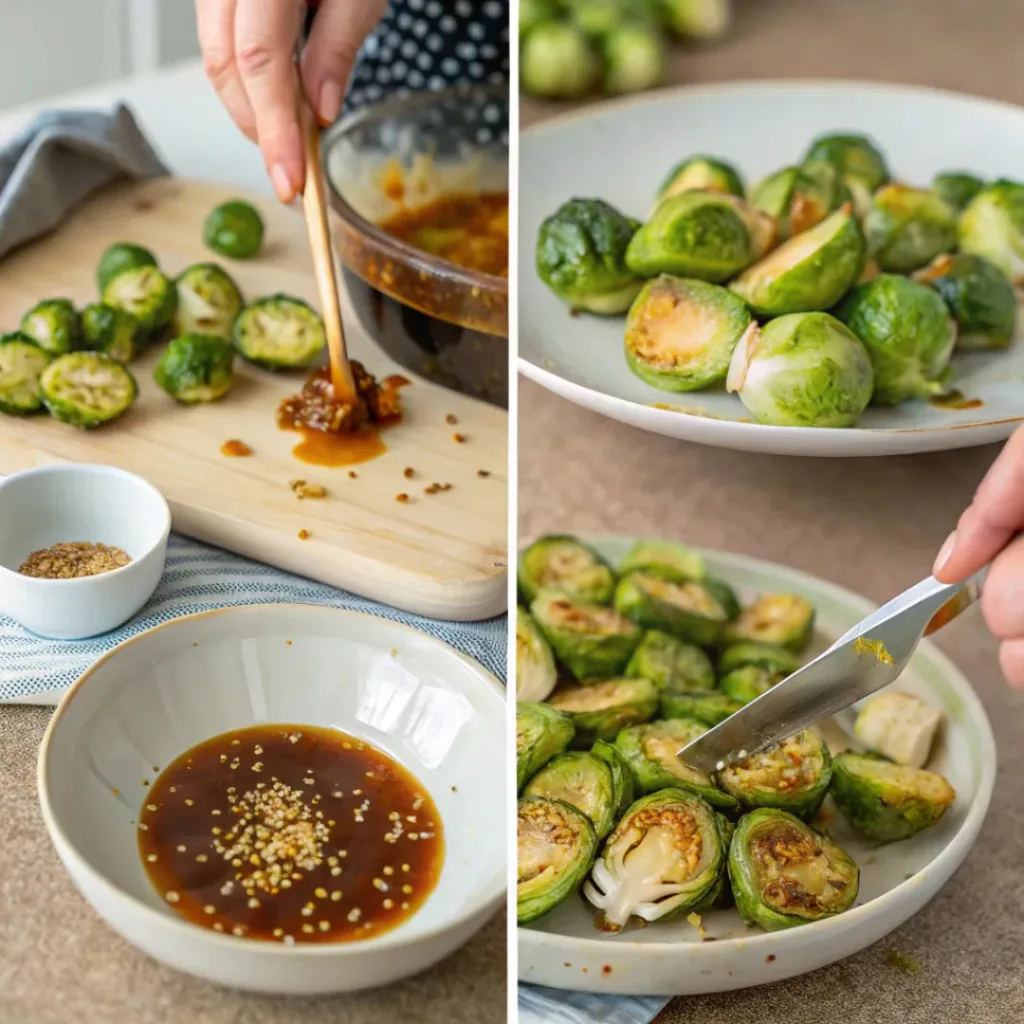 Step-by-step collage showing preparation of honey garlic Brussels sprouts