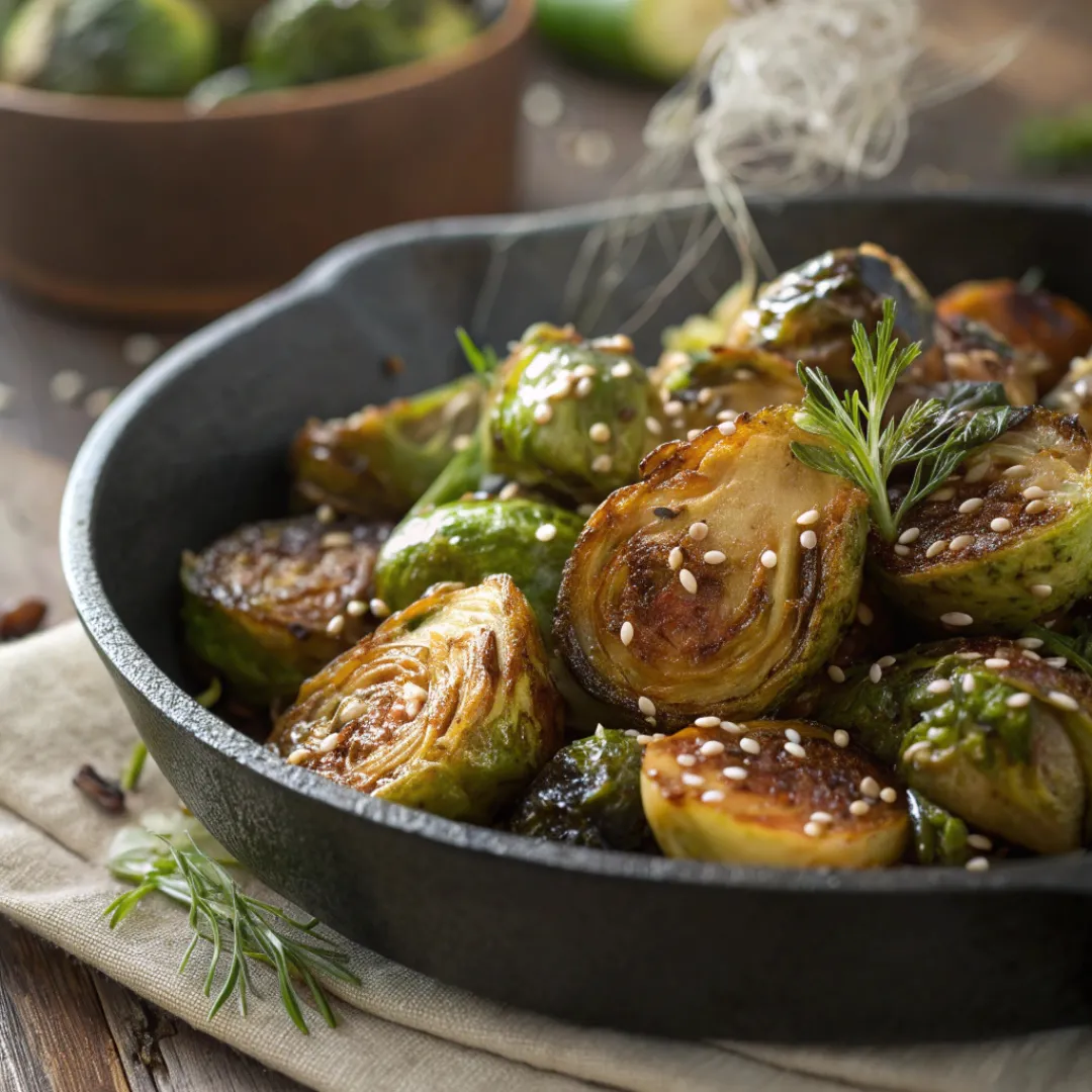 Roasted Brussels sprouts with honey garlic glaze garnished with sesame seeds
