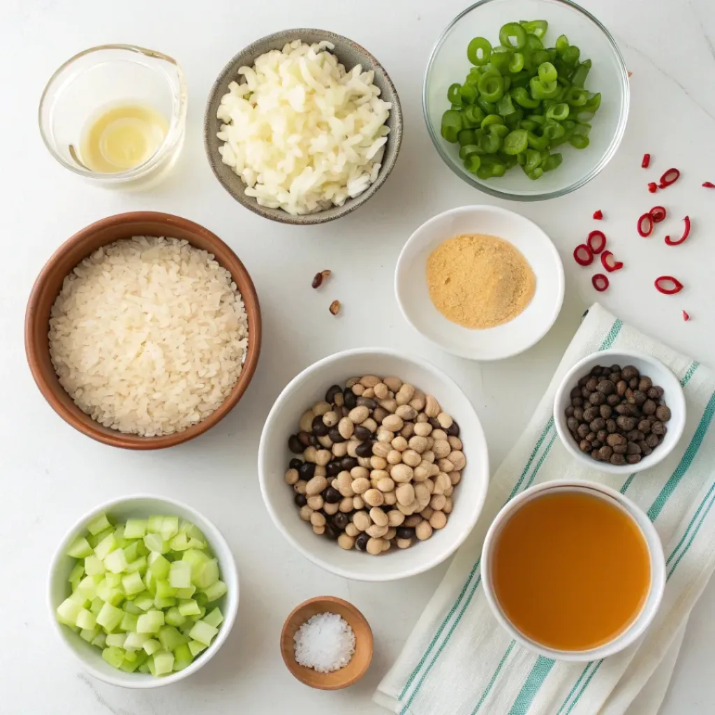 Hoppin’ John – Cozy Southern Comfort Made Easy 6 Flat lay of rice, black-eyed peas, onions, celery, peppers, and seasonings