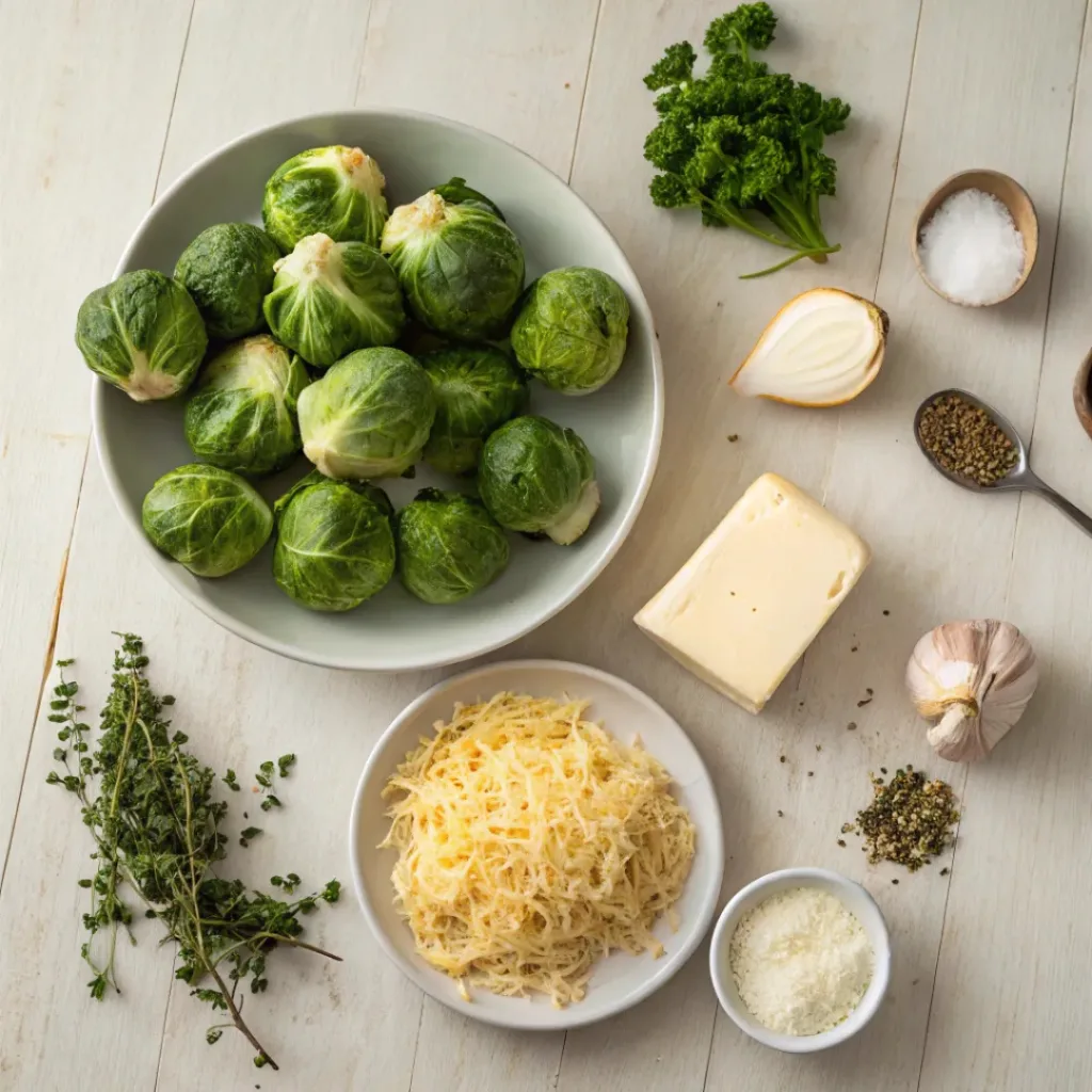 Creamy and Cheesy Brussels Sprout Casserole 6 Flat lay of Brussels sprouts, cheese, cream, garlic, and breadcrumbs for casserole