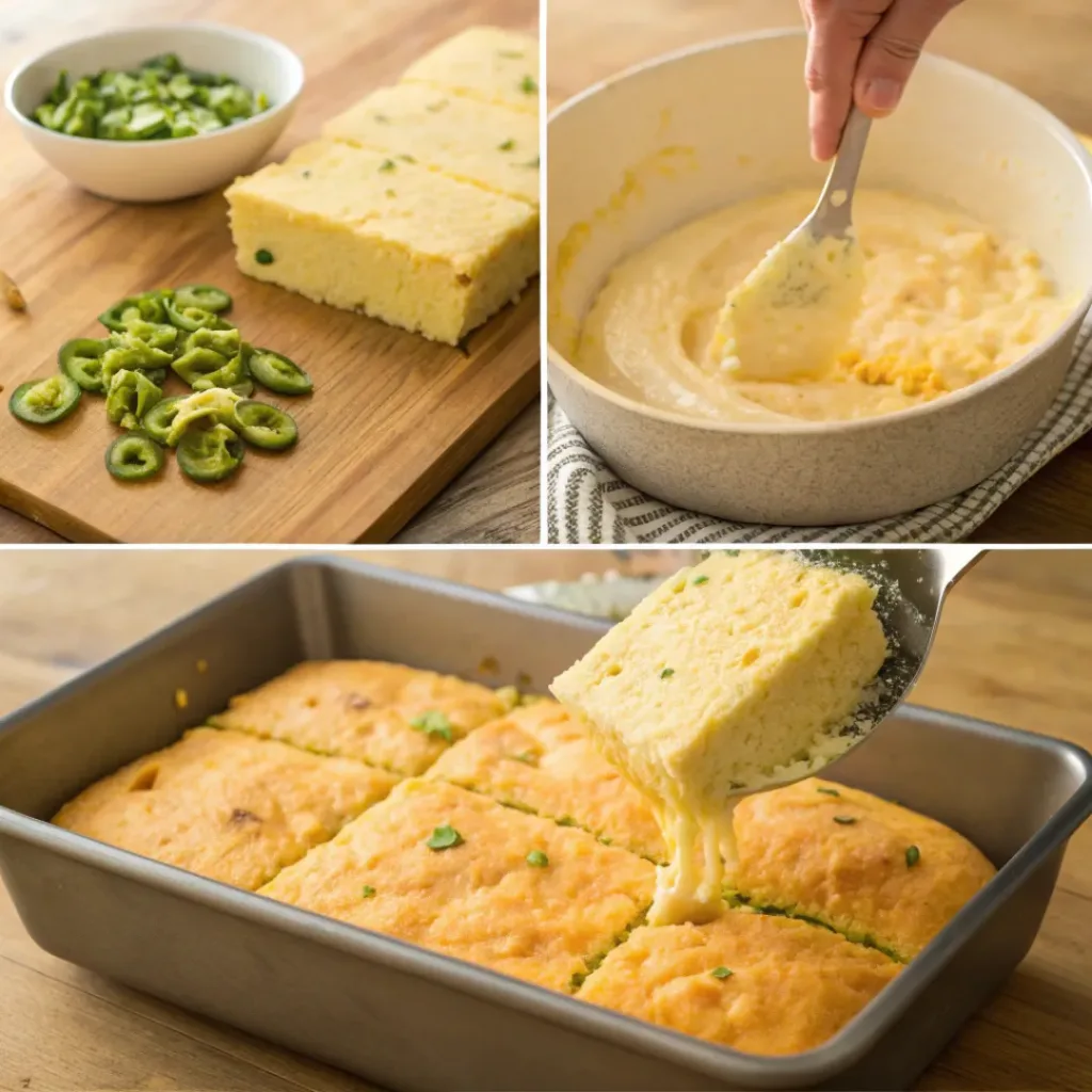 Spicy and Cheesy Jalapeño Cheddar Cornbread 7 Step-by-step collage showing preparation of jalapeño cheddar cornbread