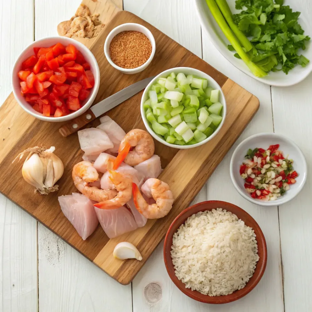 Easy Jambalaya – Flavorful One-Pot Cajun Classic 6 Overhead flat lay of ingredients for jambalaya