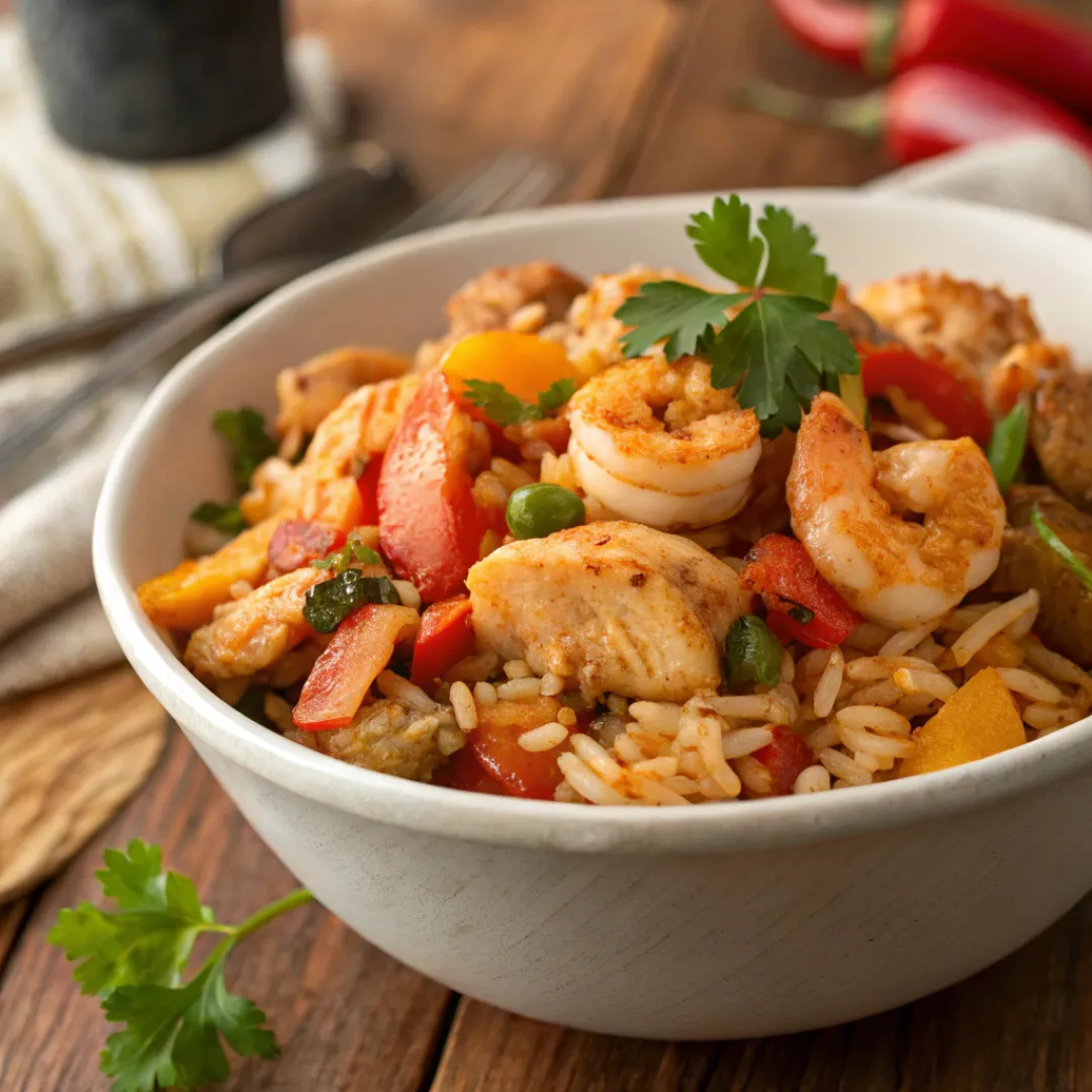 Bowl of classic jambalaya with chicken