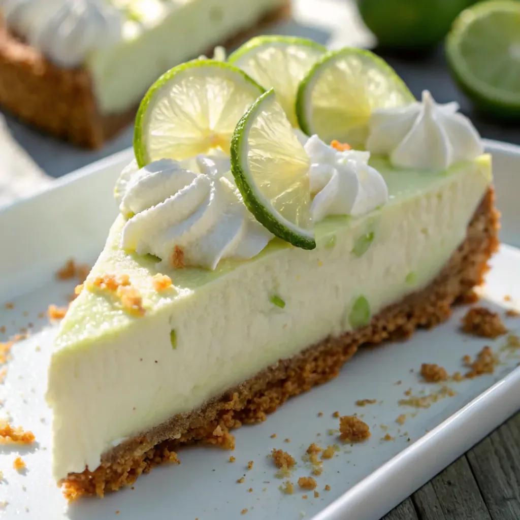 Slice of key lime pie on a plate with whipped topping