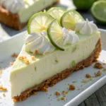 Slice of key lime pie on a plate with whipped topping