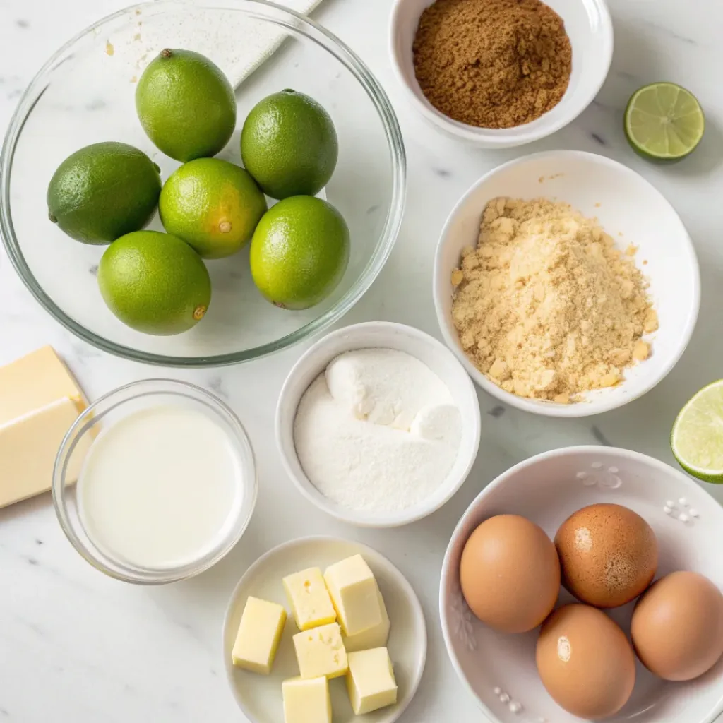 Flat lay of limes, graham crackers, butter, sugar, and eggs