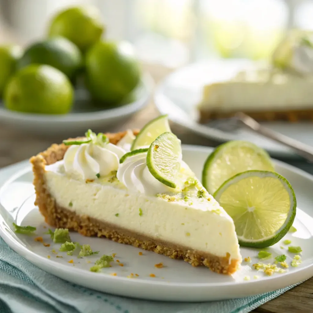 Key lime pie served with lime slices and whipped cream