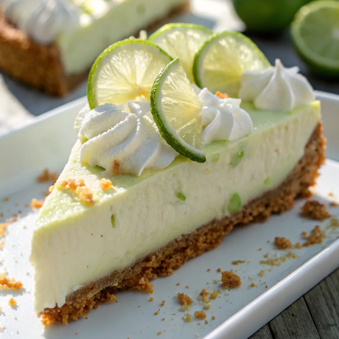 Slice of key lime pie on a plate with whipped topping