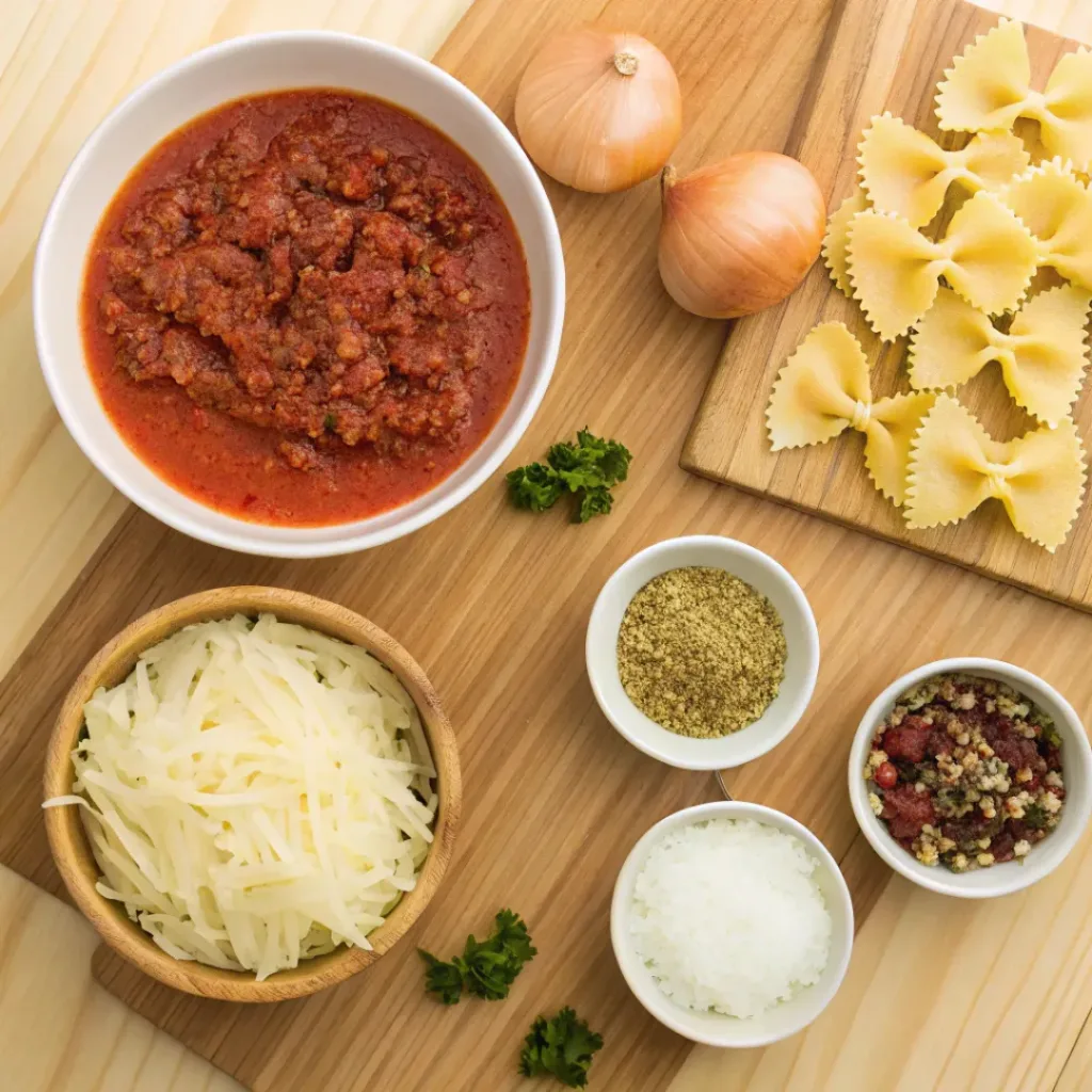 Flat lay of ground beef, bow tie pasta, marinara sauce, and cheese for lasagna soup