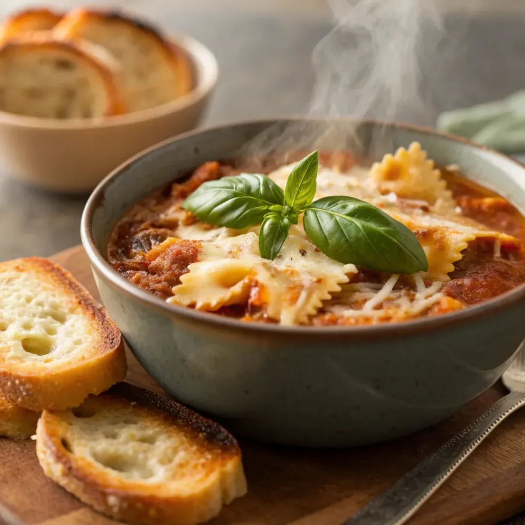 Bowl of lasagna soup with bow tie pasta and melted cheese, served with garlic bread