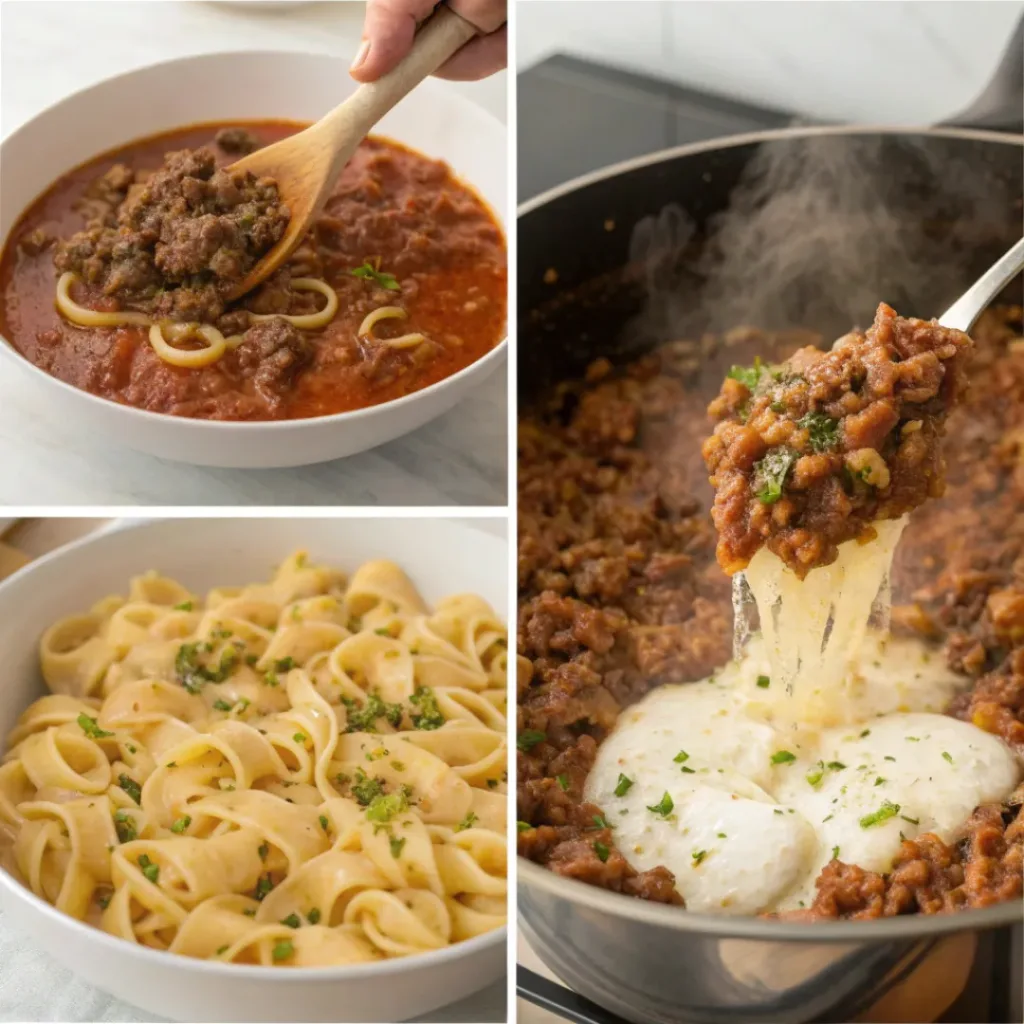 Step-by-step collage showing preparation of lasagna soup with bow tie pasta