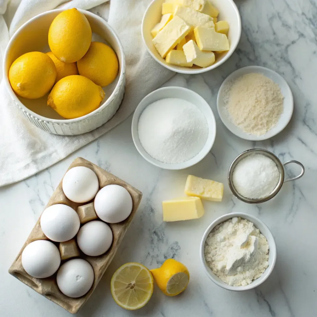Flat lay of ingredients for making lemon bars