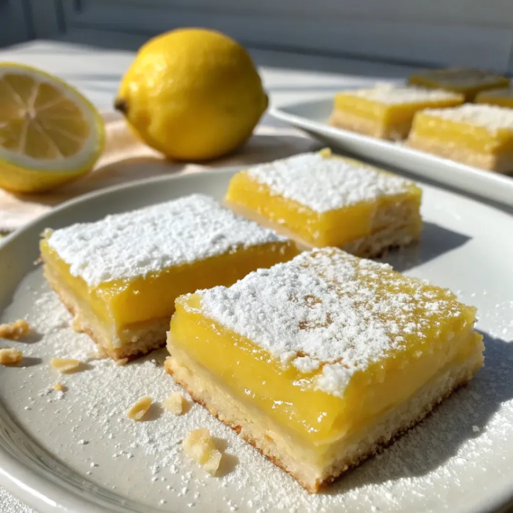 Stack of lemon bars served with a cup of tea
