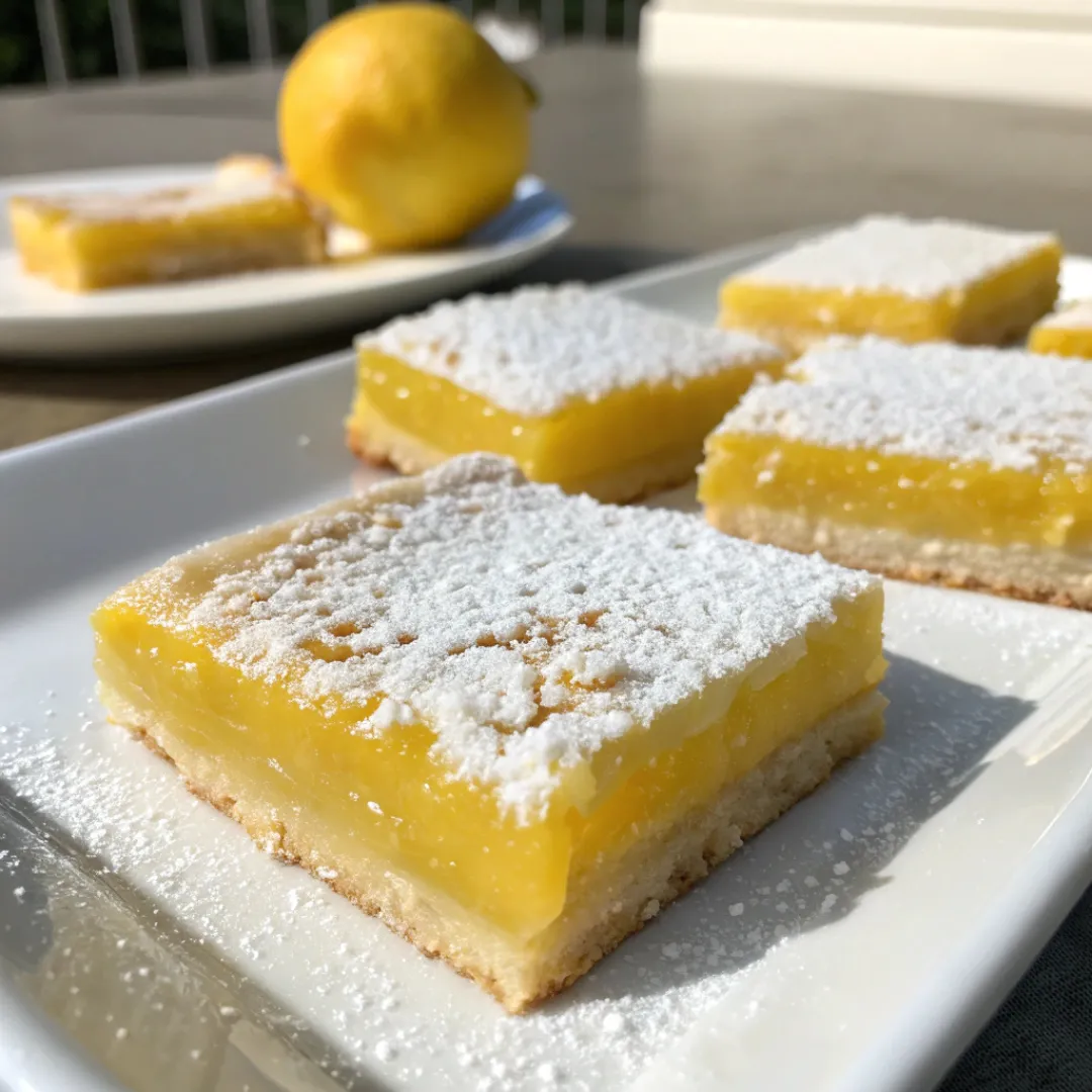Tangy lemon bars with shortbread crust and powdered sugar topping
