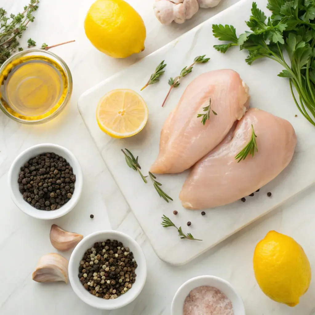 Flat lay of chicken, lemon, pepper, olive oil, and seasonings
