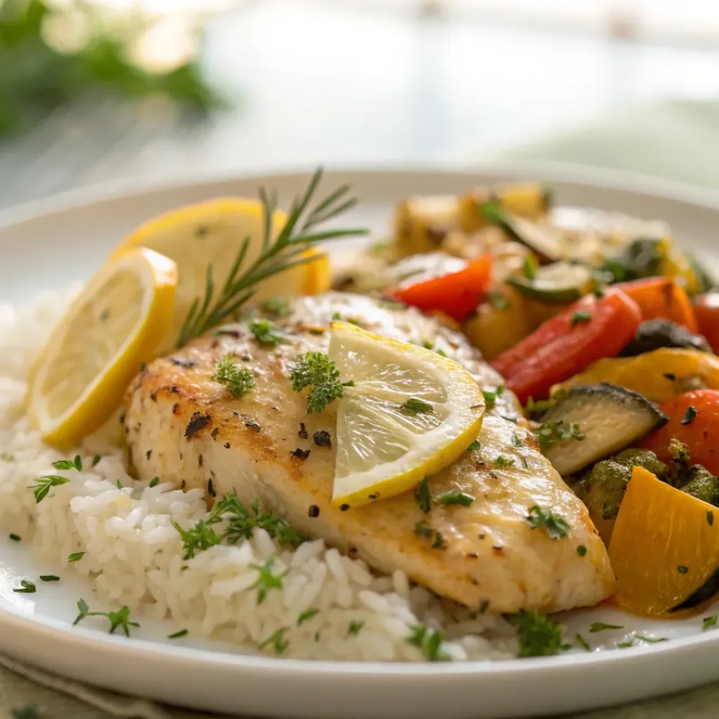Lemon Pepper Chicken served with roasted vegetables and rice