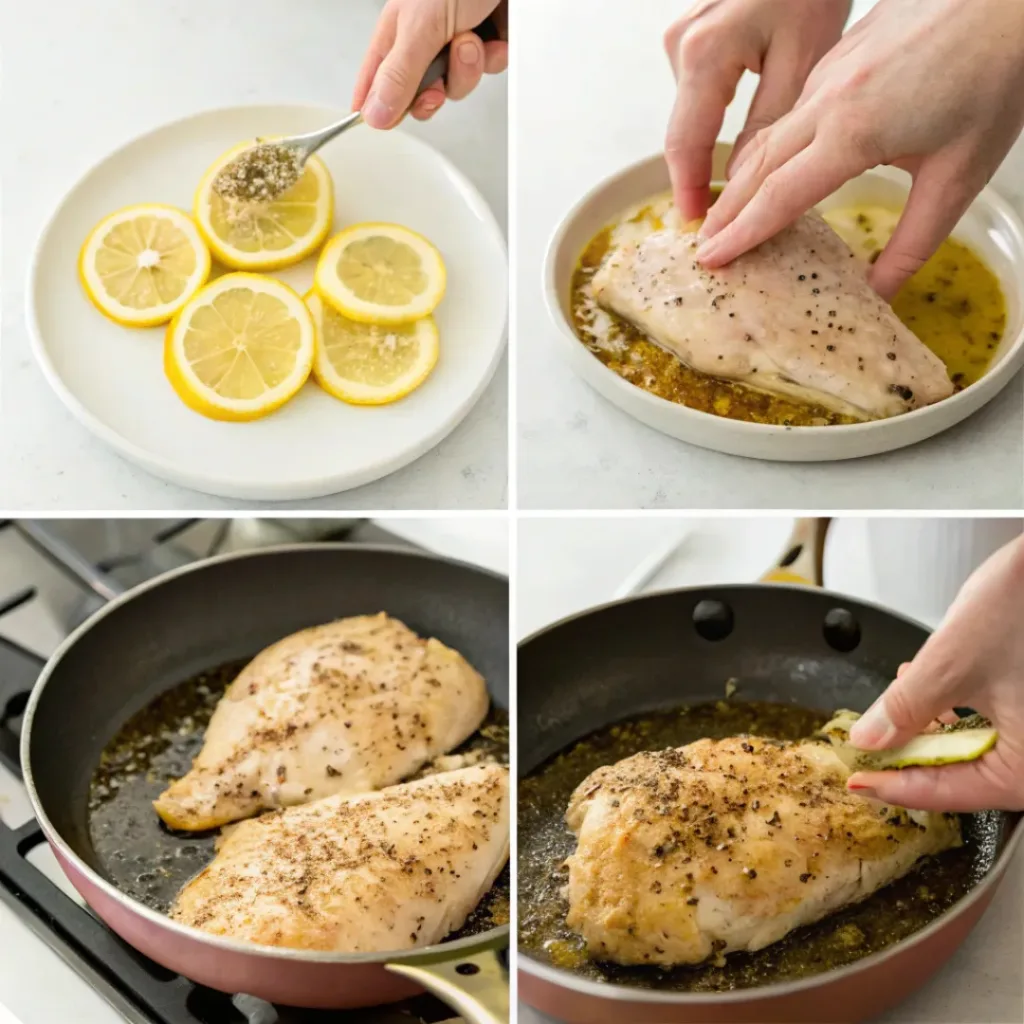 Collage showing steps to make Lemon Pepper Chicken