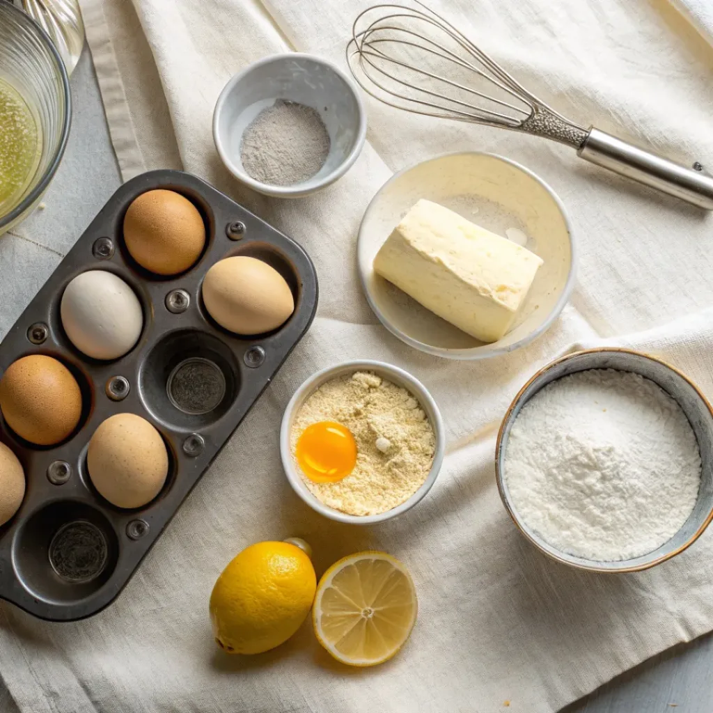 Flat lay of ingredients for French madeleines
