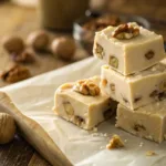 Stack of creamy Maple Walnut Fudge pieces with chopped walnuts