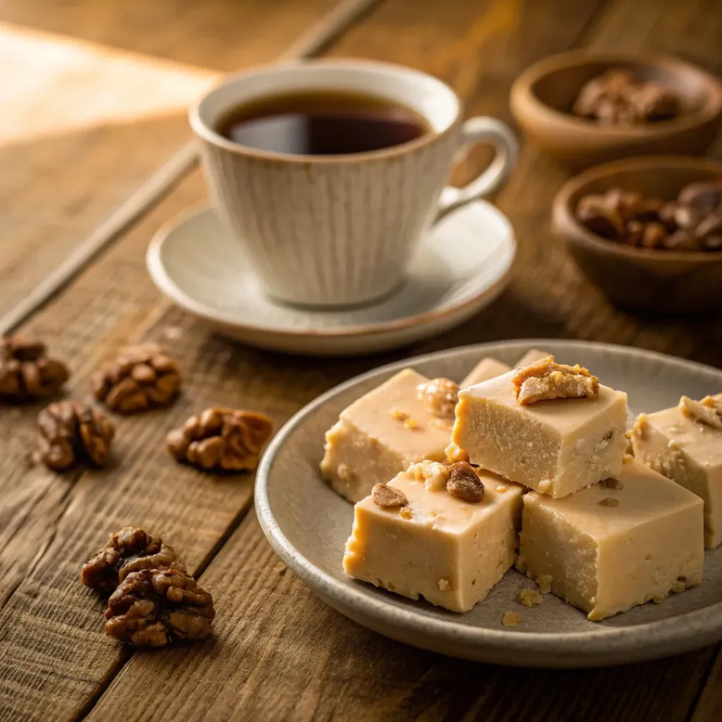 Creamy and Sweet Maple Walnut Fudge 8 Maple Walnut Fudge served with a cup of coffee