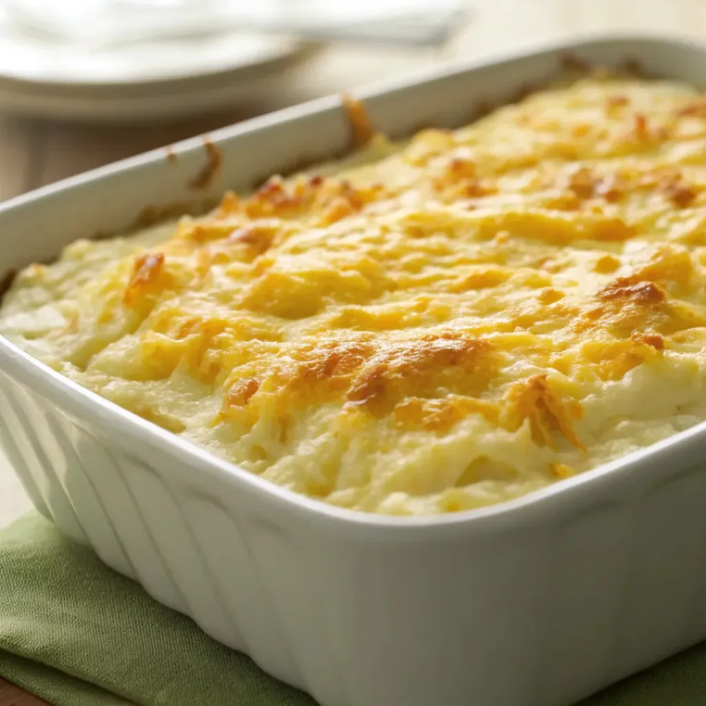 Golden baked mashed potato casserole in a dish