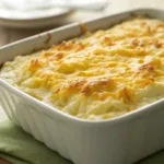 Golden baked mashed potato casserole in a dish